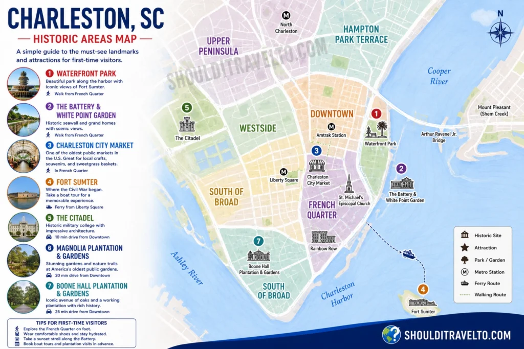 Charleston, SC, map with historic points of interest