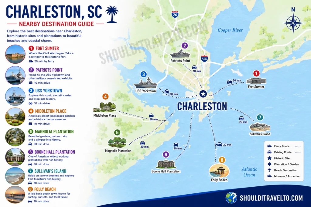 Charleston, SC, map with distances to nearby points of interest