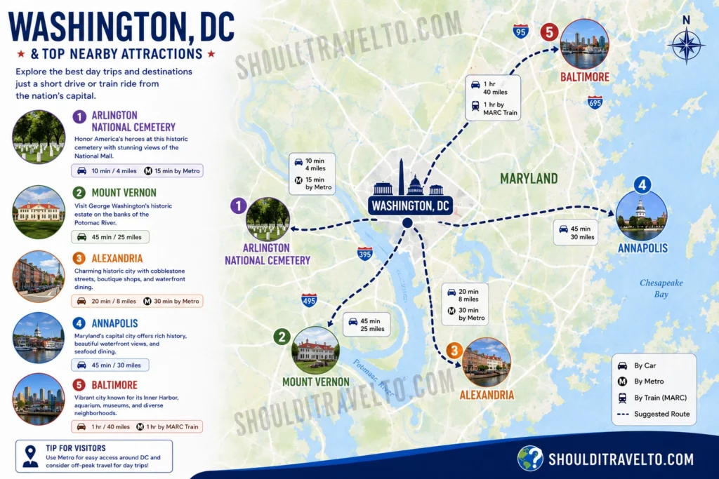 Washington, DC, map with distances to nearby attractions