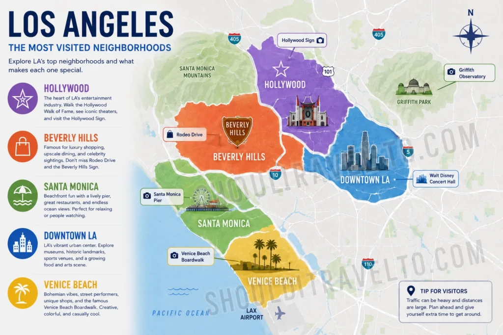 map of Los Angeles, highlighting tourist points of interest