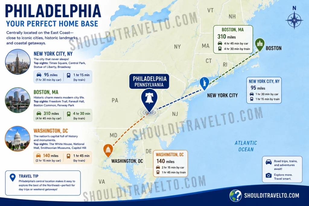 Distances among Philadelphia and other East Coast cities map