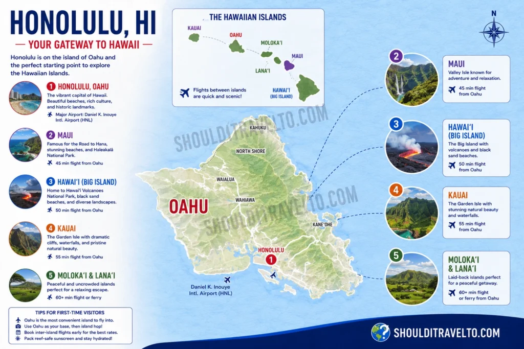 map of Honolulu compared to the other islands for first-time visitors