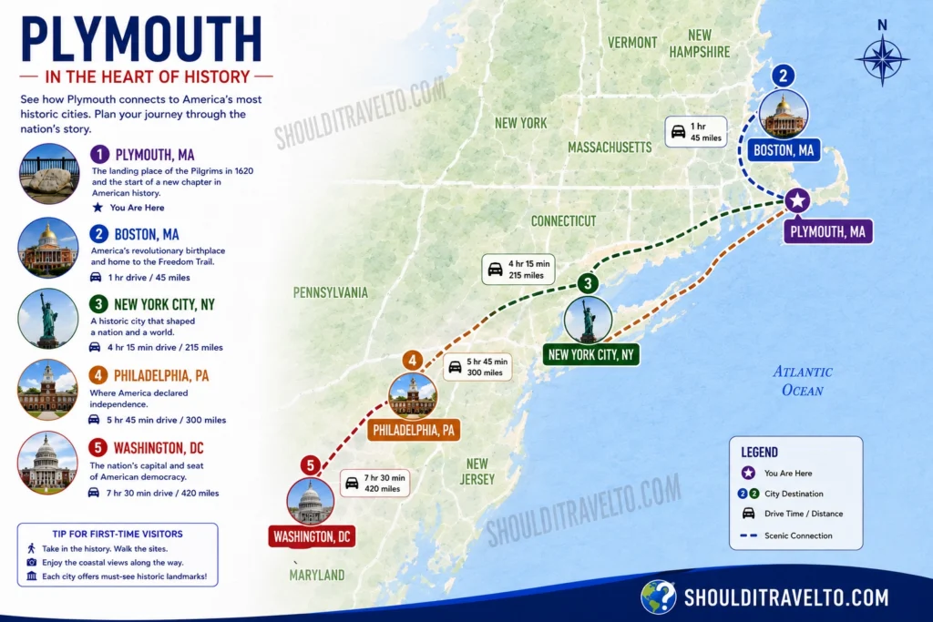 map of Plymouth with distances to major east coast cities for first-time visitors