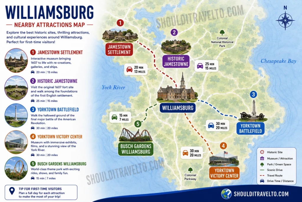map of nearby Williamsburg destinations for first-time visitors