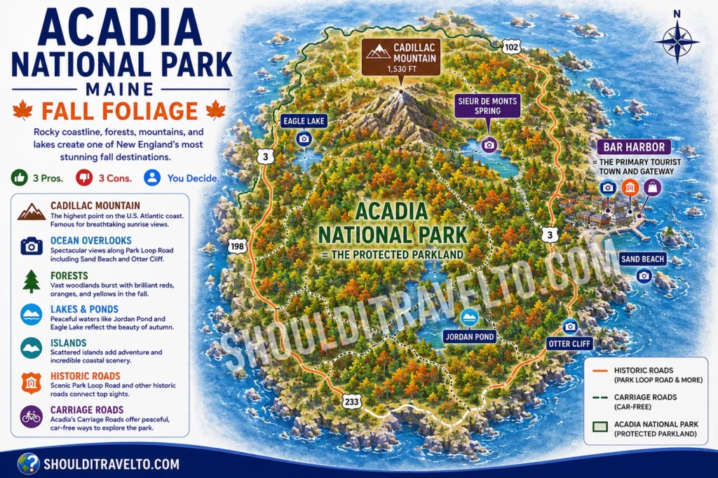 map of Acadia National Park highlighting Cadillac Mountain for first-time fall foliage visitors