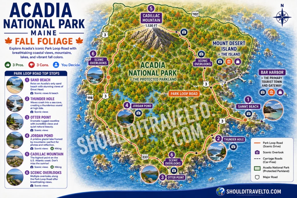 map of the Park Loop at Acadia National Park for first-time fall foliage visitors