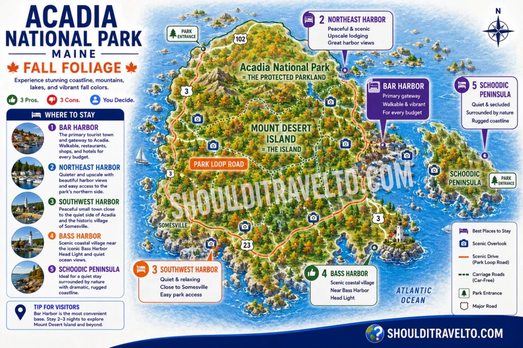 map of where to stay for first-time Acadia National Park fall foliage visitors
