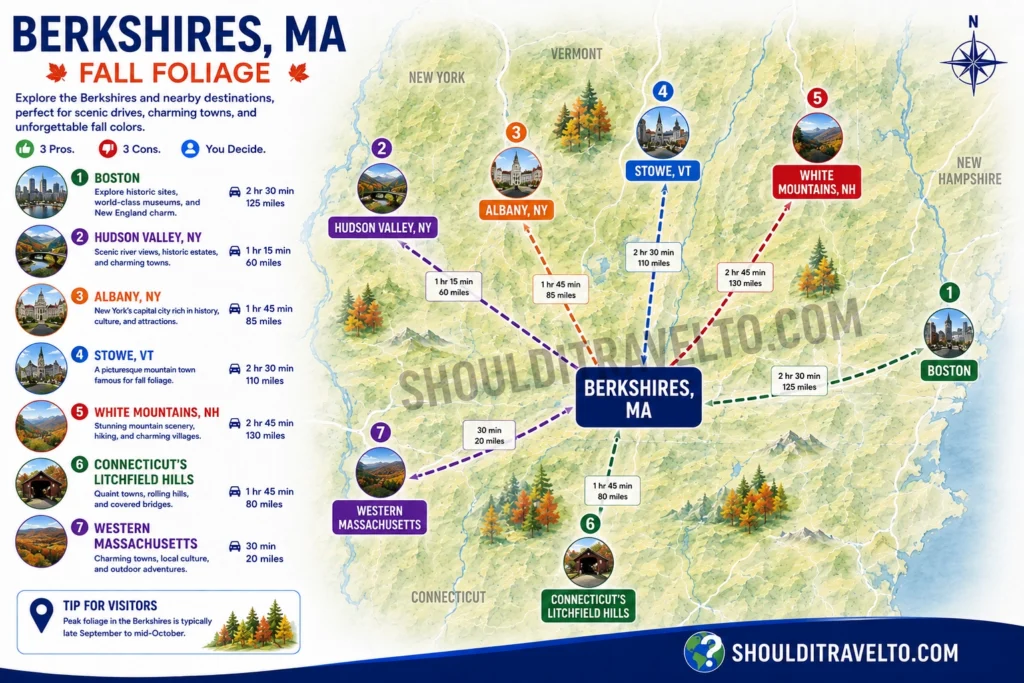 map of nearby destinations from the Berkshires, MA, for first-time visitors