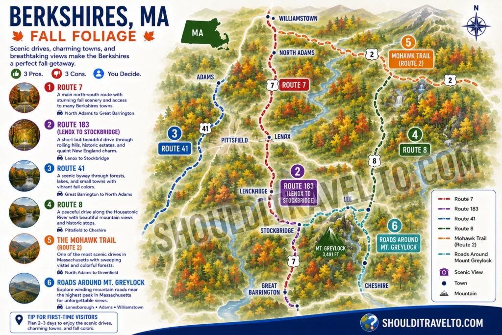 map of the roads in the Berkshires for first-time visitors who want to see fall foliage