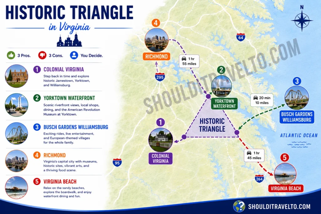 map of Historic Triangle and nearby destinations for first-time visitors