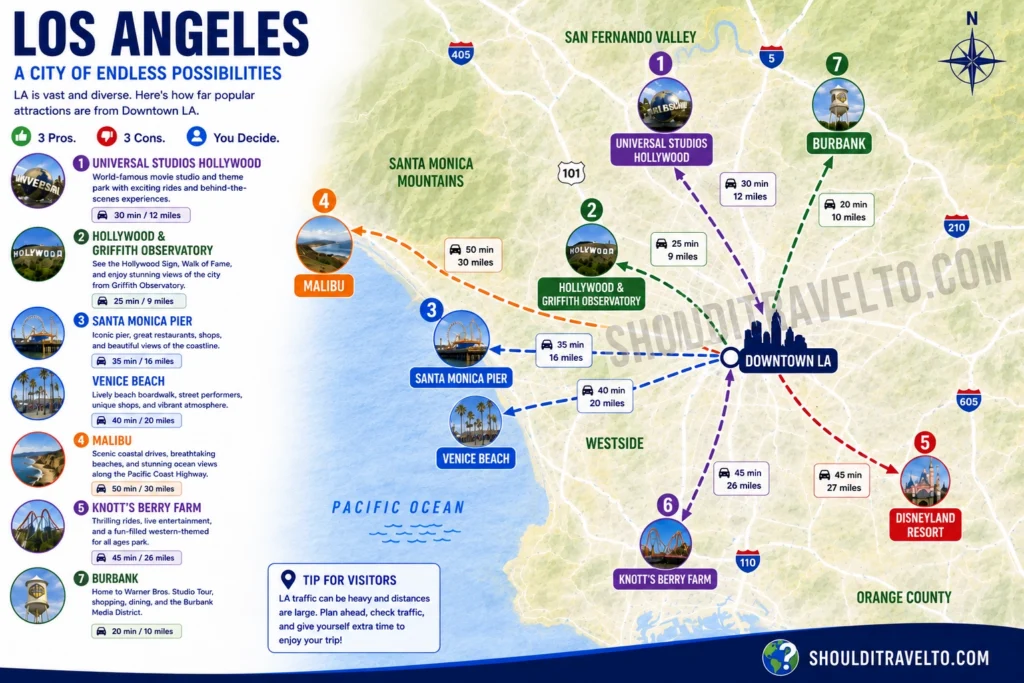 map of distances from downtown Los Angeles to points of interest for first-time visitors