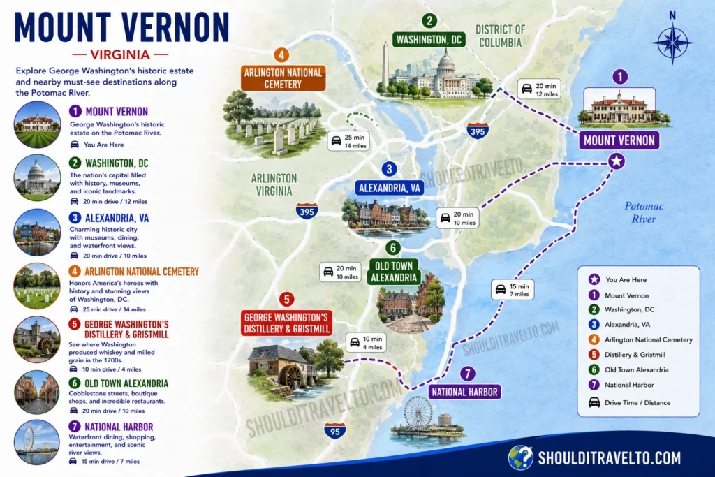 map of nearby destinations to Mount Vernon for first-time visitors