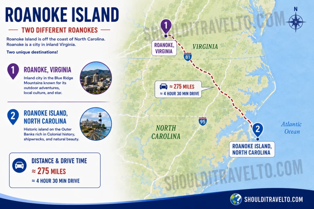 map of Roanoke Island vs. Ronoake, Virginia, for first-time visitors
