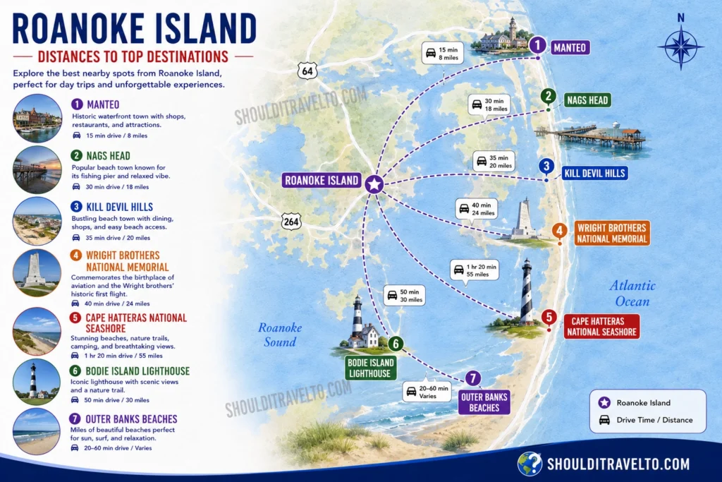 map of nearby destinations to Roanoke Island for first-time visitors