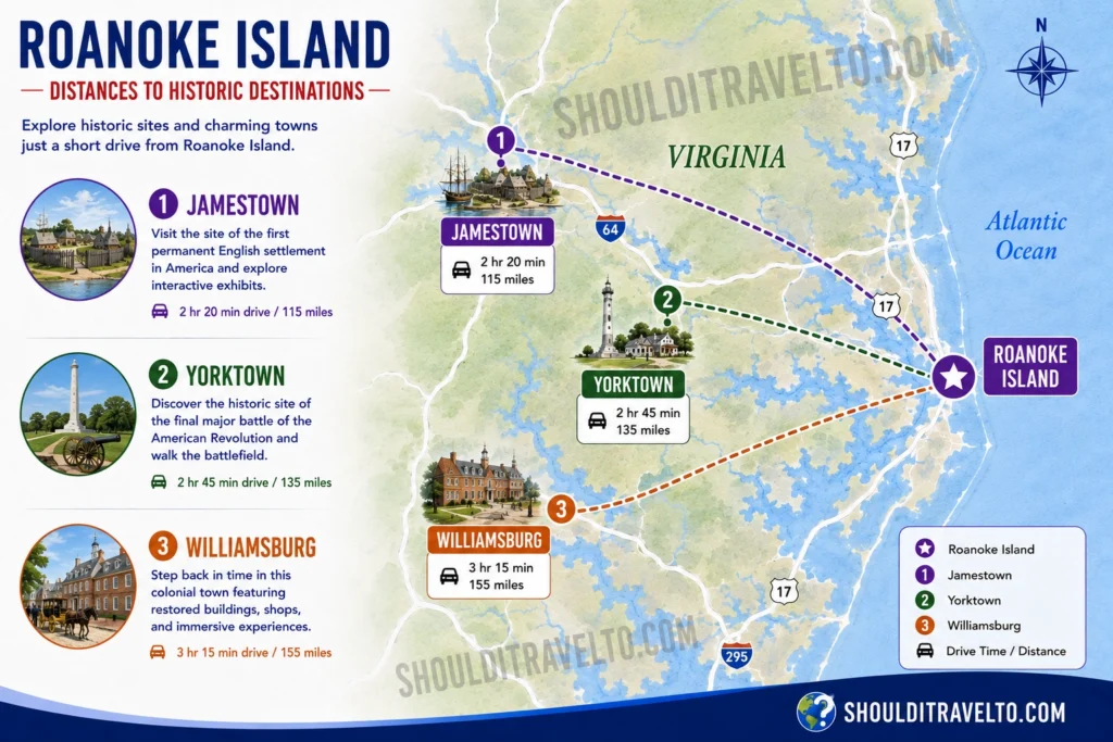 map of distance from Roanoke Island to the Historic Triangle destinations of Jamestown, Williamsburg, and Yorktown for first-time visitors