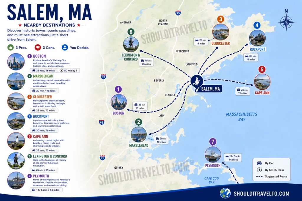 map of nearby destinations to Salem, MA