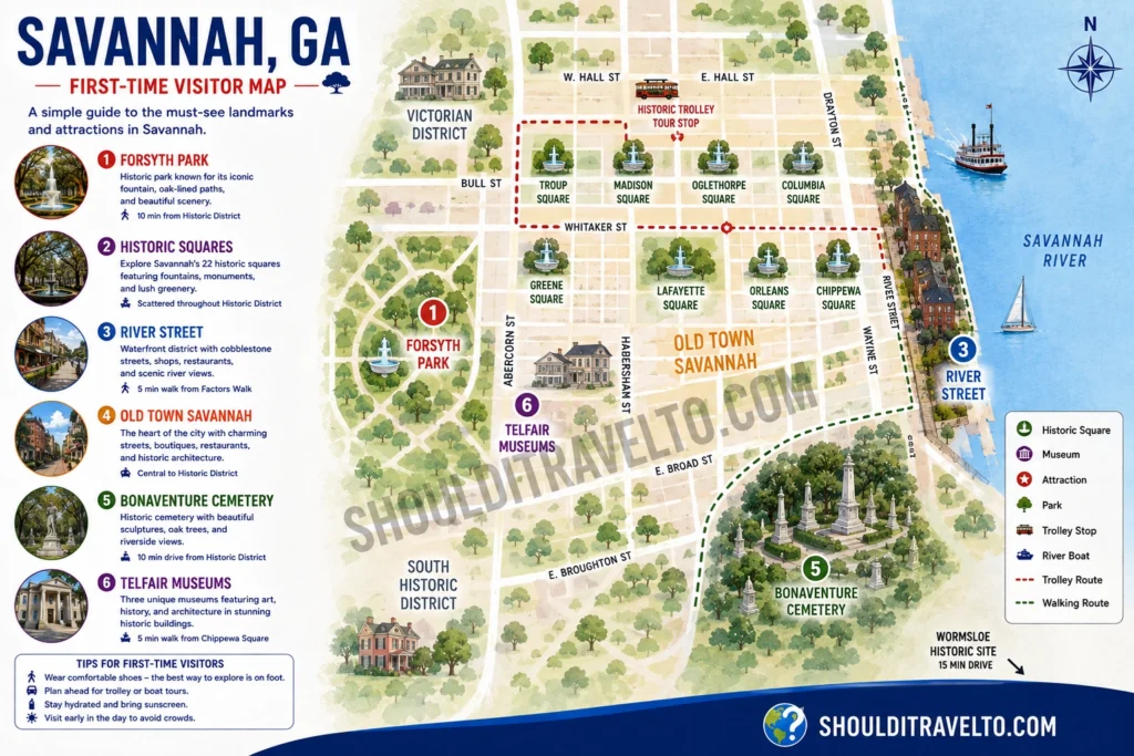 map of Savannah, GA, for first-time visitors