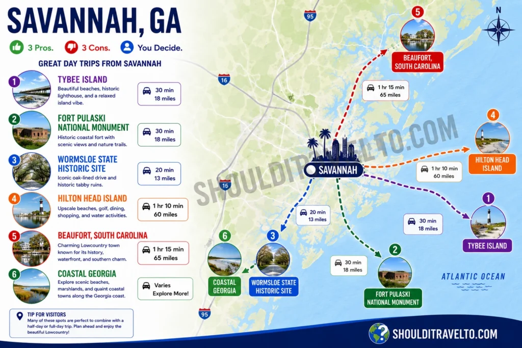 map of distances to nearby attractions from Savannah, GA, for first-time visitors