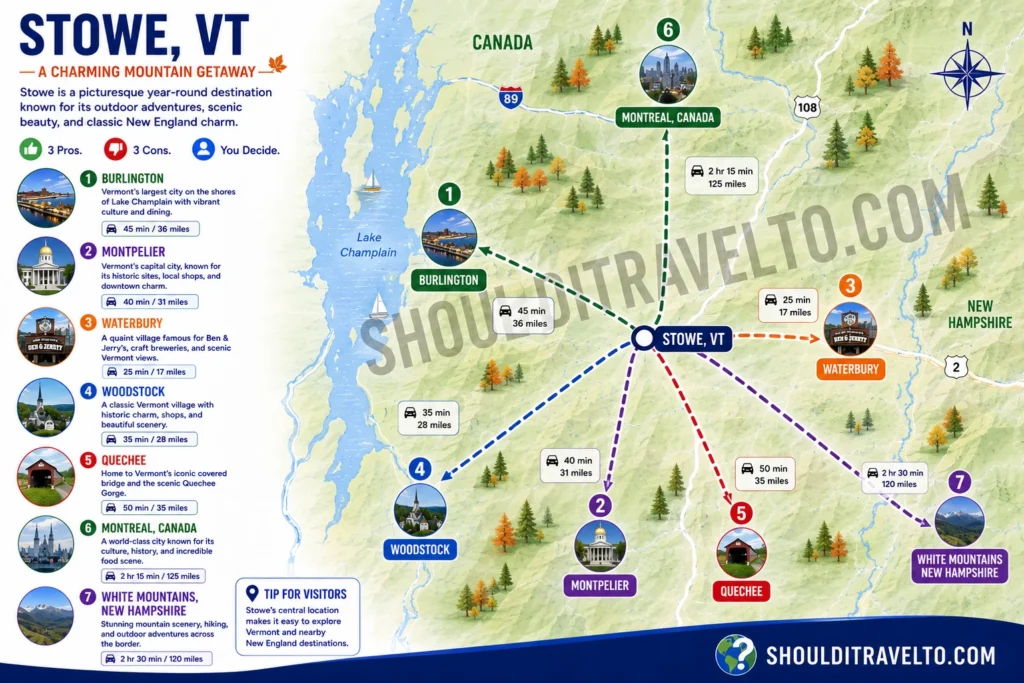 map of Stowe, VT, with distances to nearby destinations for first-time visitors