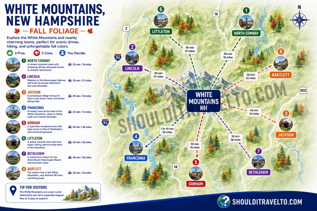 map of places to stay when seeing fall foliage in White Mountains, NH, for first-time visitors
