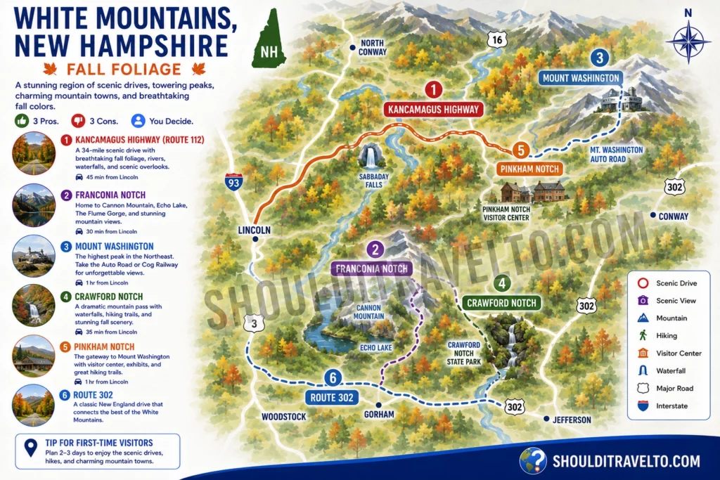 map of White Mountains, NH, for seeing fall foliage for first-time visitors