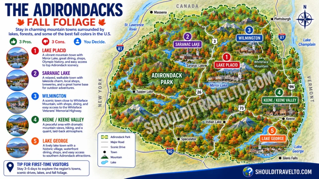 map of places to stay in the Adirondacks for fall foliage first-time visitors