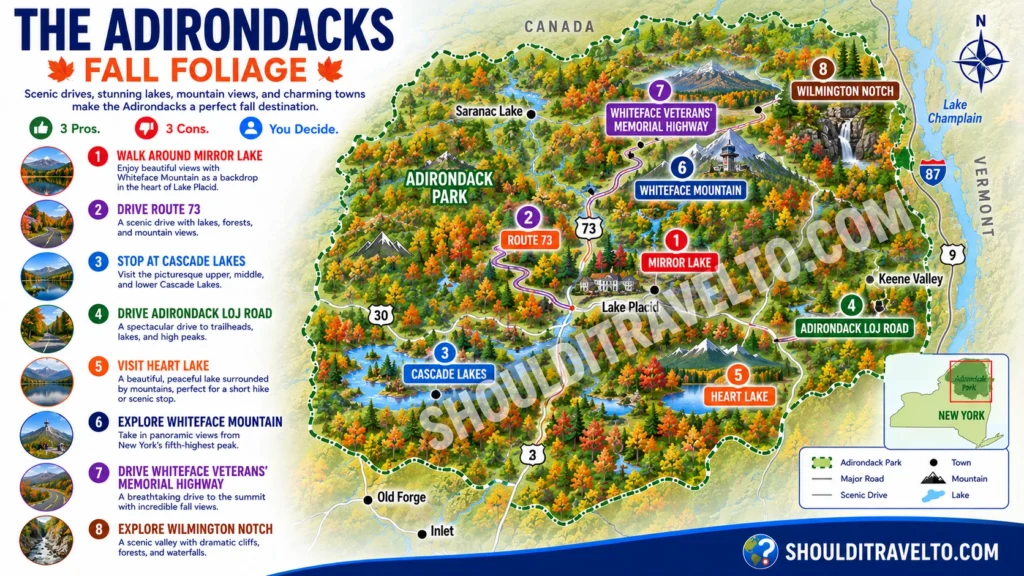 map of things to do in the Adirondacks during fall foliage for first-time visitors