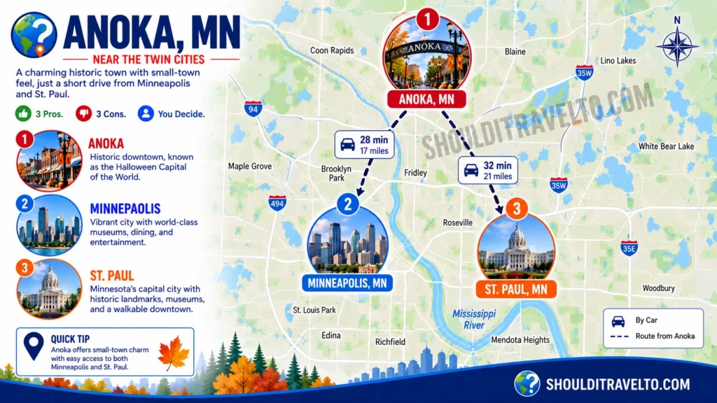 map of distances to St. Paul and Minneapolis, MN, from Anoka for first-time visitors