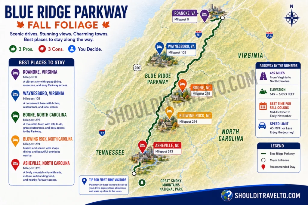 map of places to stay along the Blue Ridge Parkway for first-time visitors