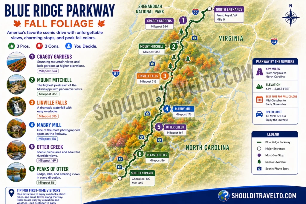 map of stops on the Blue Ridge Parkway for first-time visitors