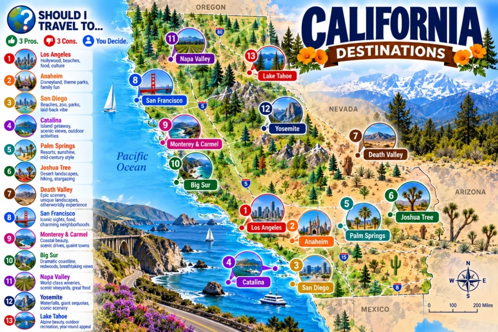 map of California destinations for first-time visitors