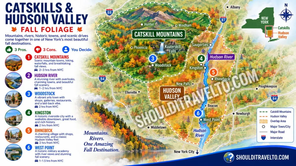 map of Catskills & Hudson Valley for first-time visitors seeing the fall foliage