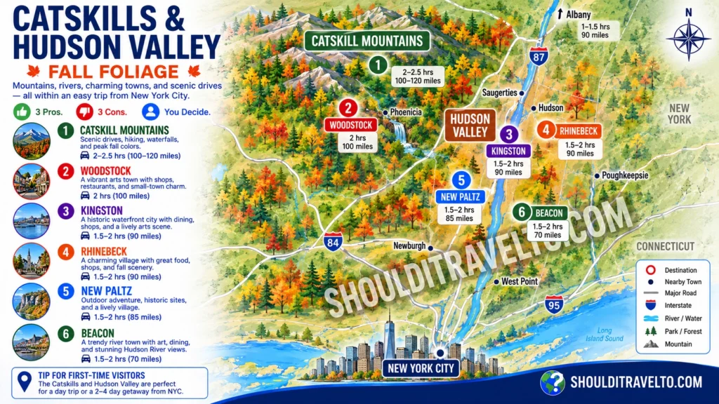 map of distances from New York City to the Catskills & Hudson Valley for first-time visitors