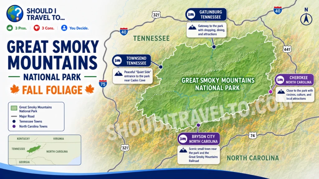 map of places first-time visitors can stay during a fall foliage trip in the Great Smoky National Park