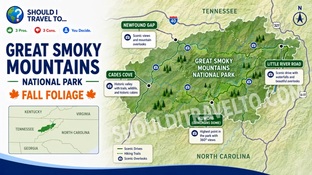 map of things to do in the Great Smoky National Park for first-time visitors on a fall foliage trip