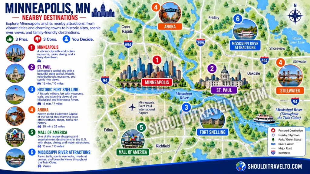 map of nearby to Minneapolis, MN, places to visit for first-time visitors