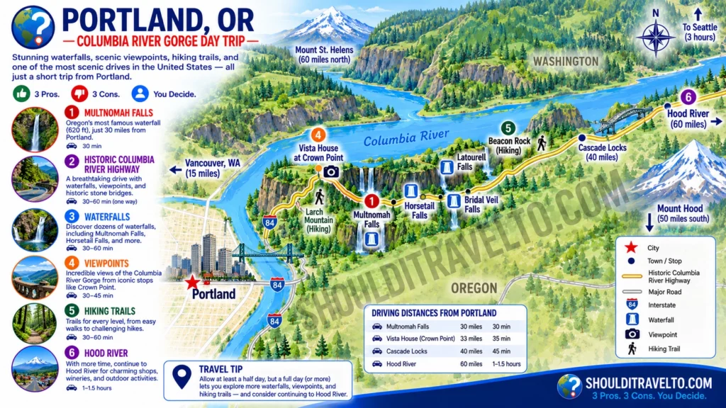 map of distance from Portland, OR, to Columbia River Gorge for first-time visitors
