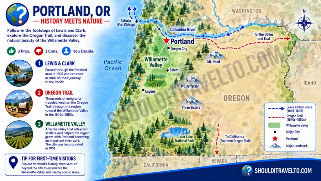 map of historic Portland, OR, for first-time visitors, including Lewis and Clark exploration area