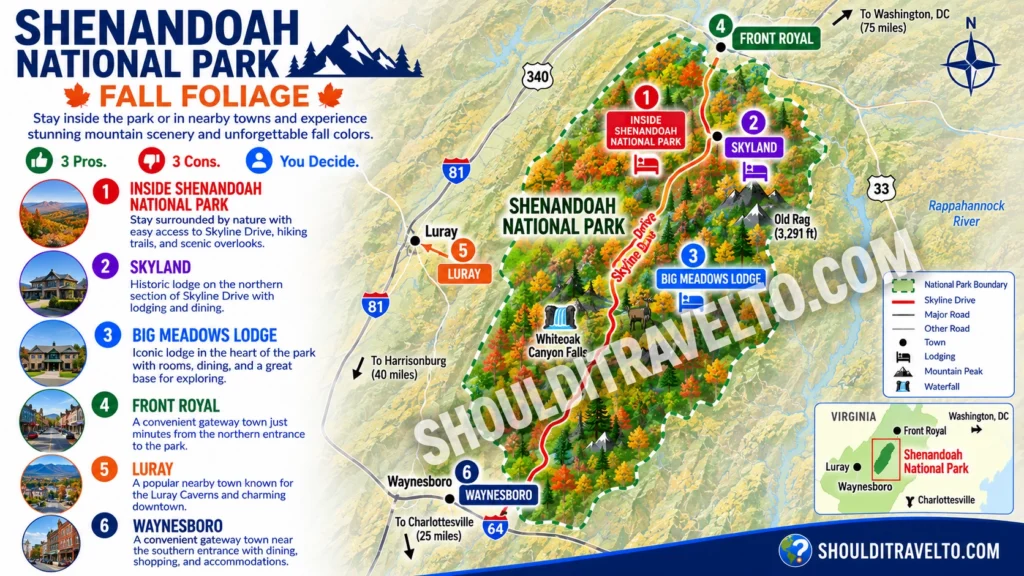 map of places to stay for fall foliage viewing in Shenandoah National Park for first-time visitors