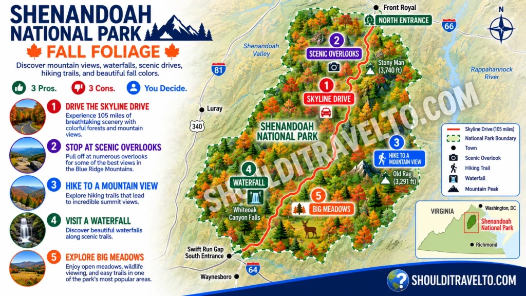 map of things to do in Shenandoah National Park for first-time fall foliage visitors