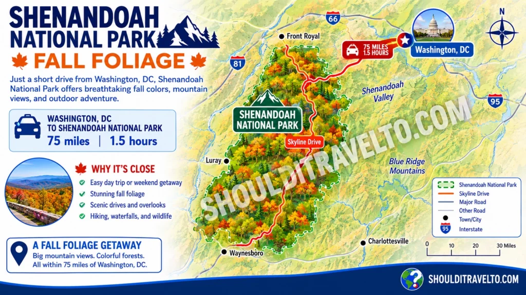 map showing distance between Shenandoah National Park and Washington, DC, for first time fall foliage visitors