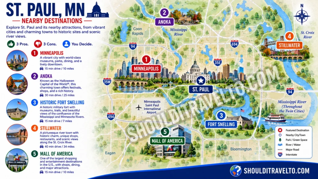map of nearby destinations to St. Paul, MN, for first-time visitors