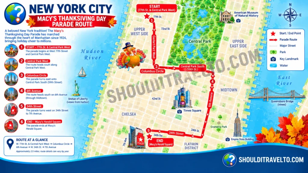 map of general route for Macy's Thanksgiving Day parade in New York City for first time visitors