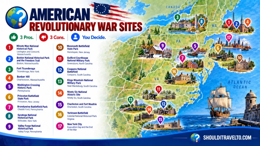 map of American Revolutionary War sites for first time visitors