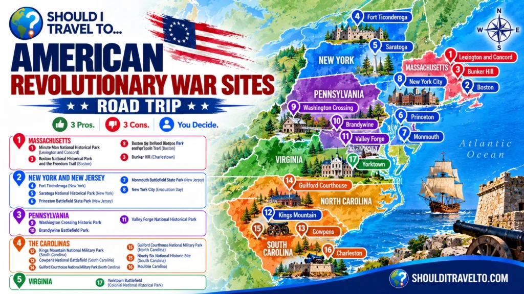 map of American Revolutionary War Sites according to region for first time visitors