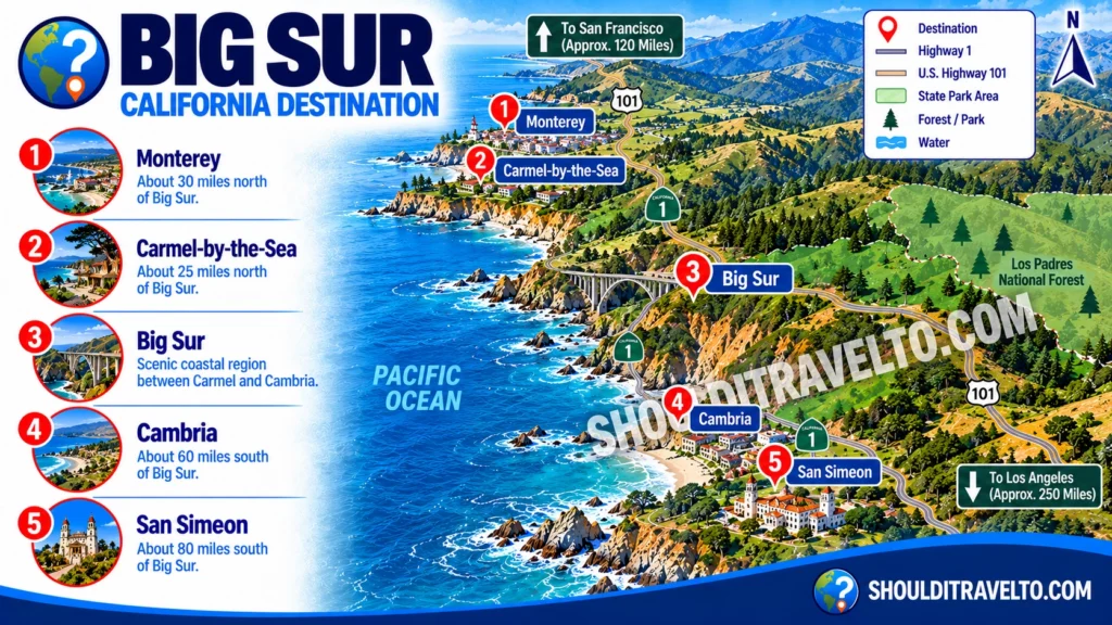map of nearby destinations to Big Sur for first time visitors