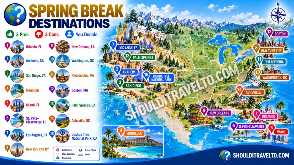 map of Spring Break destinations for first time visitors