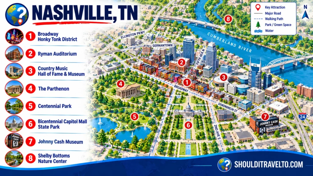 map of Nashville, TN, for first-time visitors