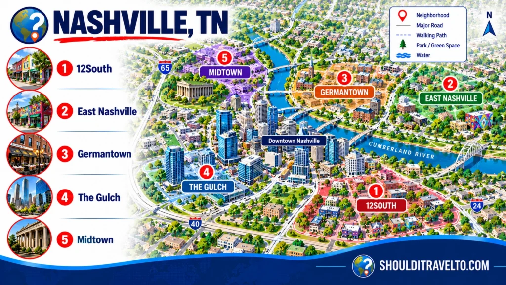 map of Nashville, TN, neighborhoods for first-time visitors
