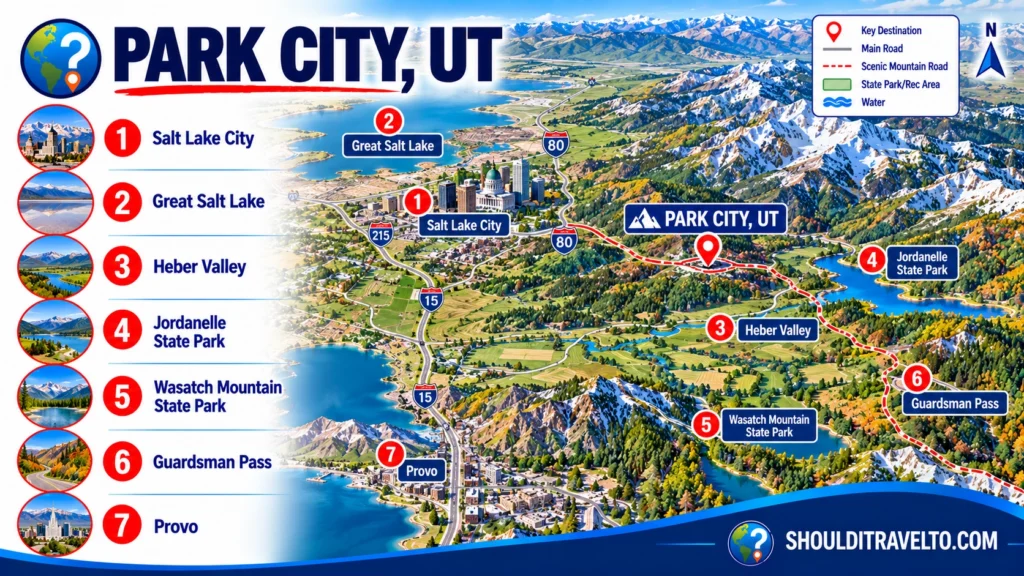 map of nearby destinations to Park City, Utah for first time visitors